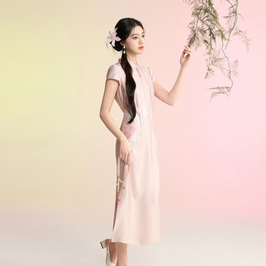 三彩【流光粉黛 】2026春季新款新中式连衣裙缎面收腰长裙C 商品图1