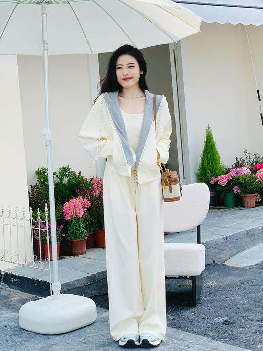 【百图lulu定制】【一套299元】【微风三件套】拼色 夹克 外套 休闲裤 吊带 外套 裤子三件套 商品图11