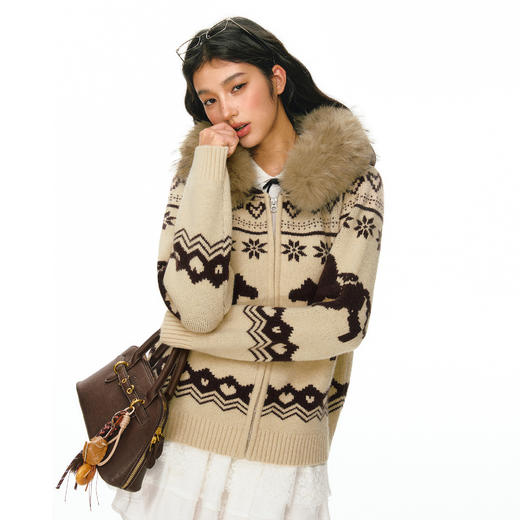 Ariseism 美式复古设计感米色麋鹿费尔岛毛衣开衫女春秋新款外套 商品图1