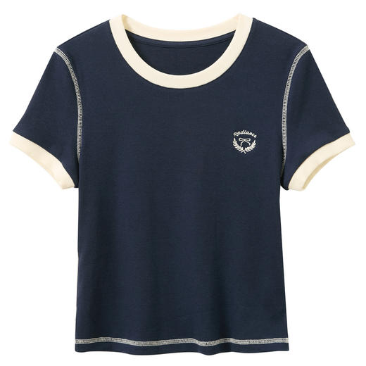 三彩2026春季新款撞色圆领字母绣花T恤修身短款基础套头衫上衣M 商品图4