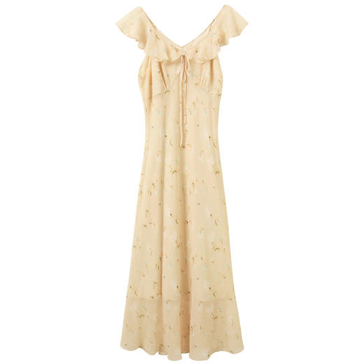 三彩2026春季新款法式碎花裙荷叶边V领A字雪纺裙连衣裙长裙M 商品图4