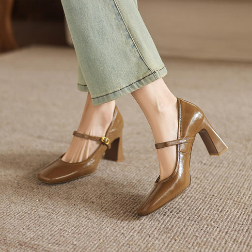 阿么手工女鞋真皮一字带高跟法式玛丽珍鞋官方正品时尚单鞋女8CM 商品图4