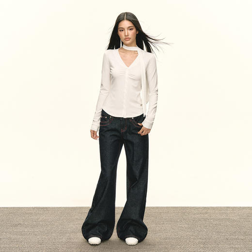 Ariseism 美式复古设计感白色飘带长袖开衫T恤女春季新款修身上衣 商品图3