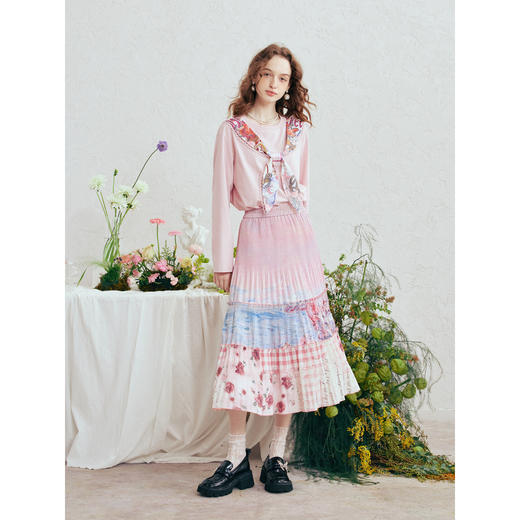 两三事 蜜糖星云 2026春季新款森女风印花百褶裙高腰半身裙 商品图1