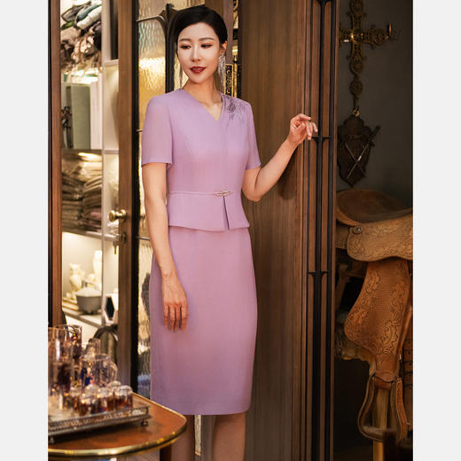 皮尔卡丹女装夏季V领粉色假两件连衣裙P52003D5023Z0 商品图0