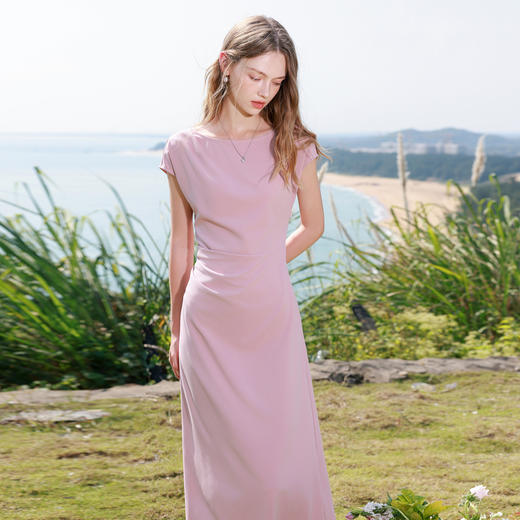 三彩2026春季新款优雅连衣裙一字领收腰A字裙中长轻礼服M 商品图3