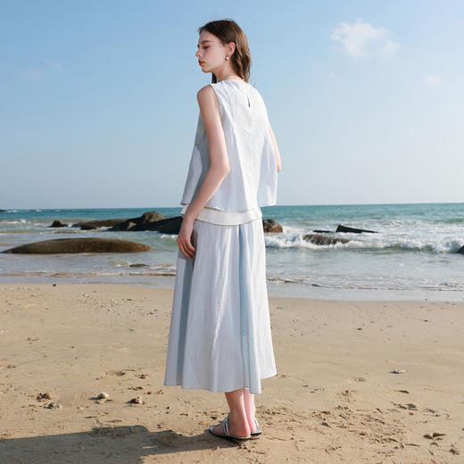 三彩2026春季新款层次感套装假两件上衣套头高腰A字半身裙两件套M 商品图3