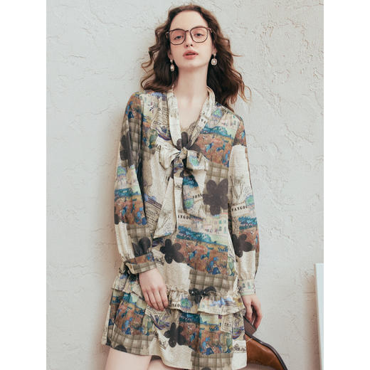 两三事梵高文艺心跳图谱2026春季新款绑带领印花衬衫裙短款连衣裙 商品图2