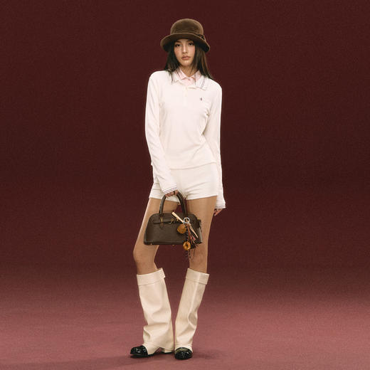 Ariseism 美式复古白色Polo长袖上衣短裤套装女春季新款 商品图3