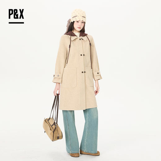 P&X设计师女装通勤宽松大衣连帽针织中长款外套 826113194 卡其 商品图2