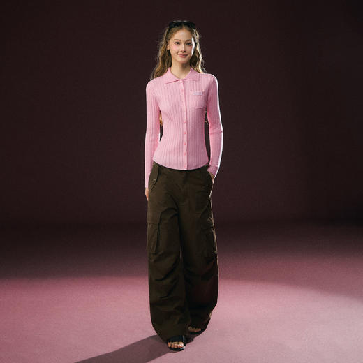 Ariseism 美式复古粉色翻领长袖针织上衣女春季新款 商品图3