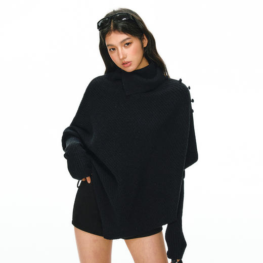 Ariseism 美式复古设计感黑色高领宽袖长袖毛衣女春秋新款上衣 商品图2