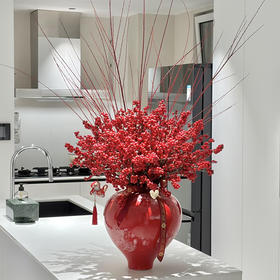 《喜气洋洋》飘花石榴红罐红瑞木冬青瓶插花15支