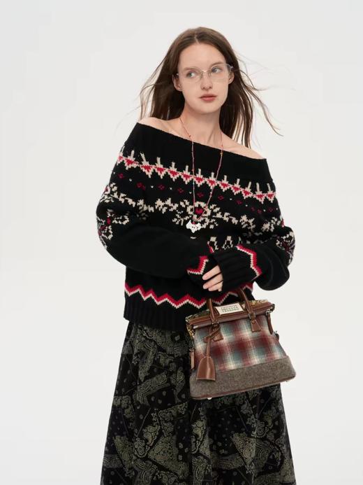 local tag/lt25awk11/温暖的岛屿 澳羊毛费尔岛图案提花一字肩毛衣 商品图0