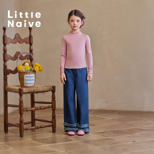 【云优选】Little Naive儿童拼接木耳边牛仔裤春季新款休闲裤女童宽松直筒裤 商品图2