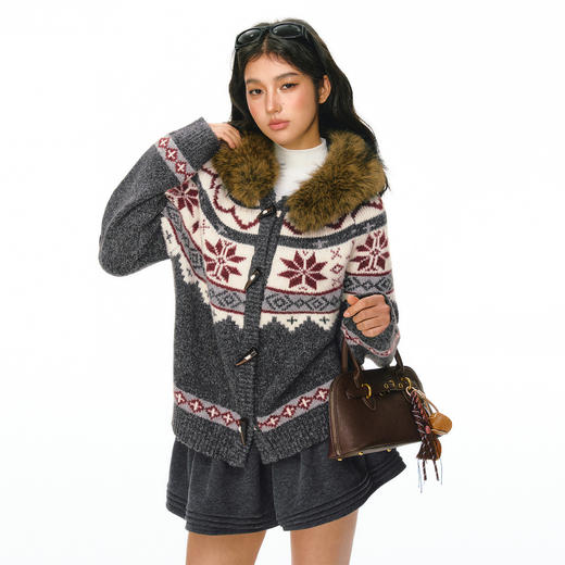 Ariseism 设计感费尔岛可拆卸毛领牛角扣毛衣外套女秋冬新款上衣 商品图1