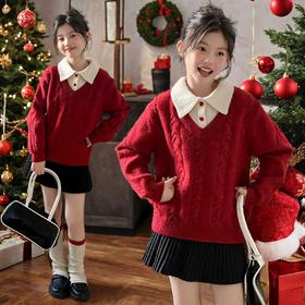 女童学院风毛衣秋冬新款儿童装洋气红色新年服女孩针织衫
