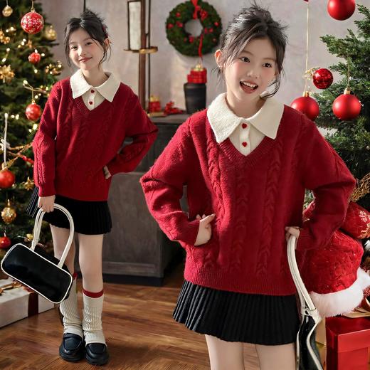 女童学院风毛衣秋冬新款儿童装洋气红色新年服女孩针织衫 商品图0