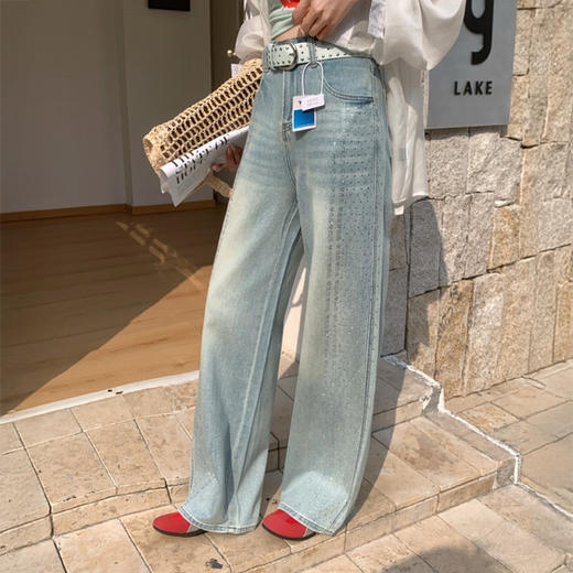 【限时赠送！定制价值69元Tiffany蓝色绝配腰带】觅槿MDINN 高定烫钻牛仔微喇裤 商品图2