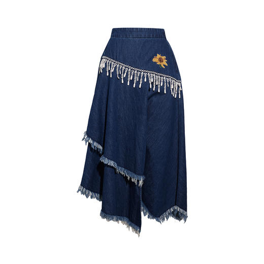 两三事梵高文艺记忆微甜2026春季新款绣花流苏装饰毛边牛仔半身裙 商品图4