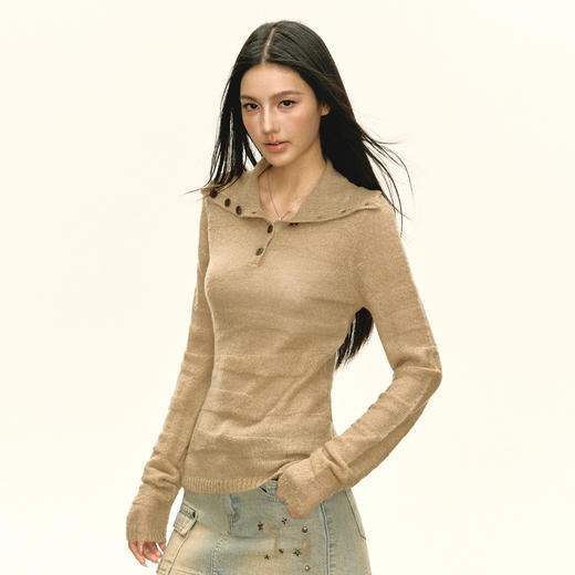 Ariseism 美式复古设计感卡其色纽扣高领针织衫女春秋新款毛衣 商品图1