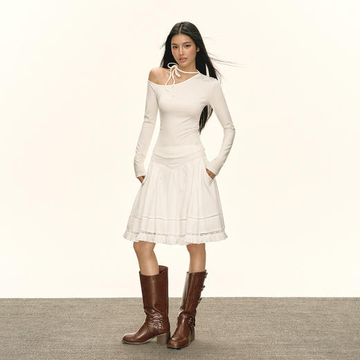 Ariseism 美式复古设计感斜肩绑带白色长袖女春季新款修身上衣 商品图2