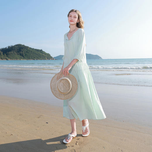 三彩2026春季新款灯笼袖A字裙法式连衣裙宽松长裙系带圆领M 商品图3