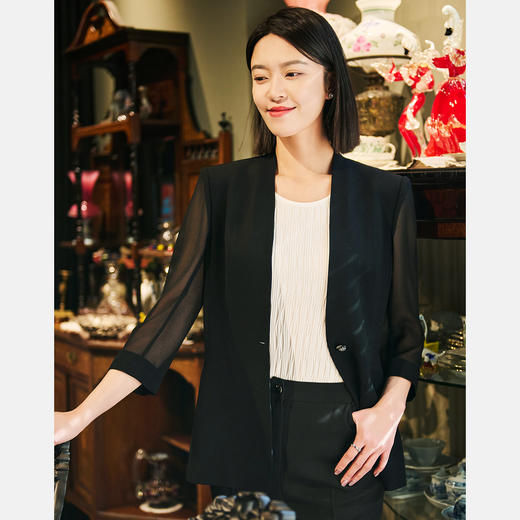 皮尔卡丹女装黑色网纱三醋酸西服上衣外套女P52005U5032B0 商品图3