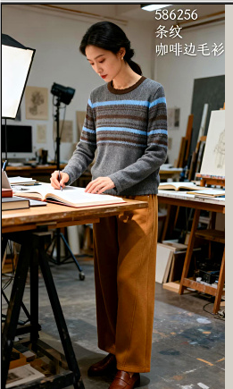 586252春上新条纹咖啡领毛衫