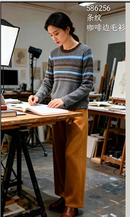 586252春上新条纹咖啡领毛衫 商品图0
