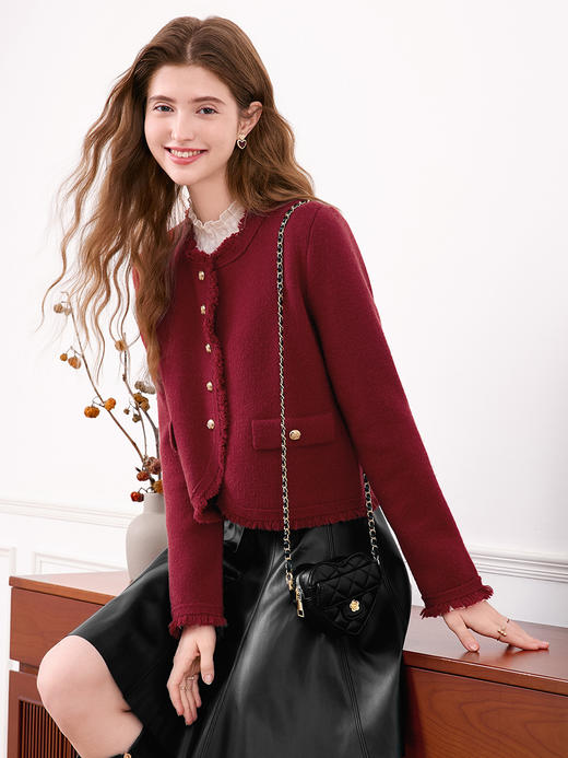 【百图lulu定制】【香风针织开衫】小香风针织外套流苏毛边单排扣纯针织开衫女 商品图5