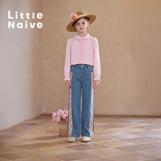【云优选】Little Naive儿童民族风牛仔裤春季新款花边休闲裤女童廓形裤子 商品图4