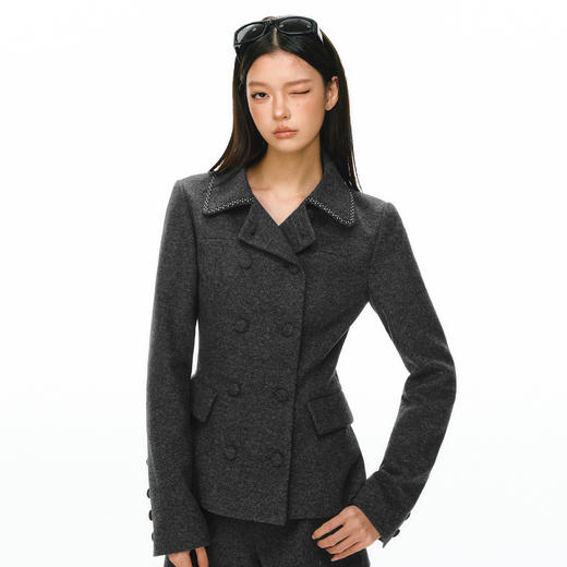 Ariseism 美式复古灰色收腰毛呢外套短裤套装女春季两件套 商品图0
