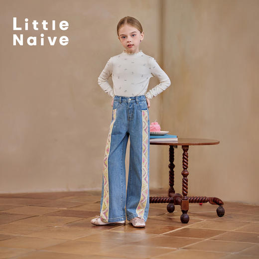 【云优选】Little Naive儿童民族风牛仔裤春季新款花边休闲裤女童廓形裤子 商品图2