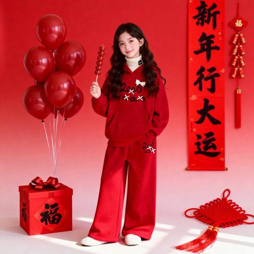 女童秋冬季加绒卫衣套装红色喜庆年服小女孩阔腿裤保暖两件套冬装 商品图4