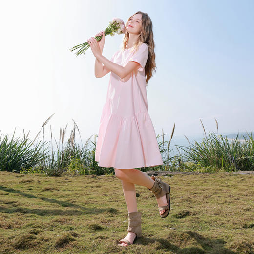 【樱花系列连衣裙】三彩2026夏季新款纯棉圆领短袖娃娃裙A字裙M 商品图1