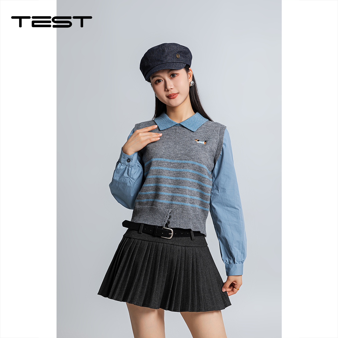 春上新拼接条纹显瘦蓝灰条纹假两件毛衣1261032