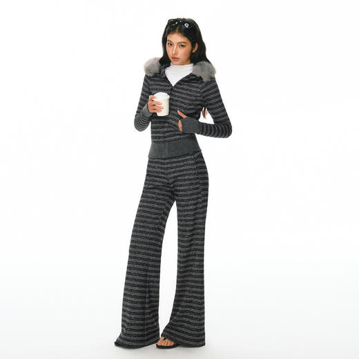 Ariseism 美式复古设计感修身条纹加绒卫衣长裤套装女春季新款 商品图1