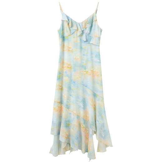 三彩2026春季新款法式荷叶边V领A字连衣裙吊带裙印花雪纺裙M 商品图4