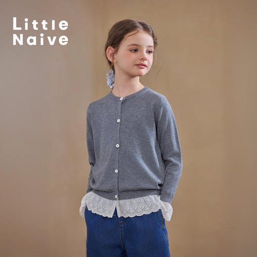 【云优选】Little Naive女童羊毛开衫春季款蕾丝花边针织衫儿童假两件外套 商品图3