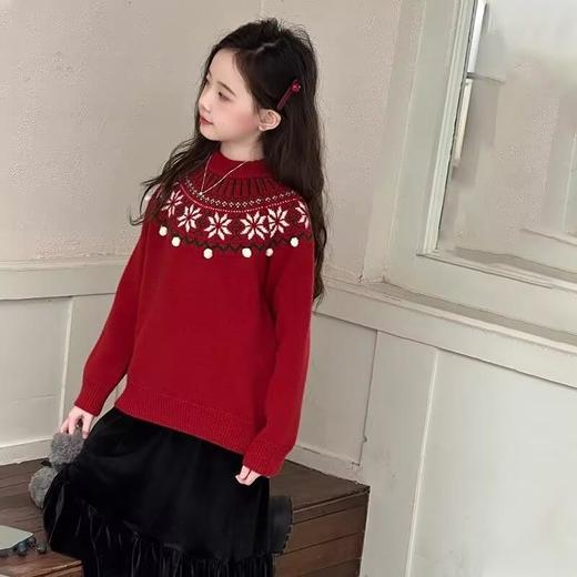 女童毛衣秋冬新款儿童圆领红色打底衫中大童百搭保暖套头针织衫潮 商品图4