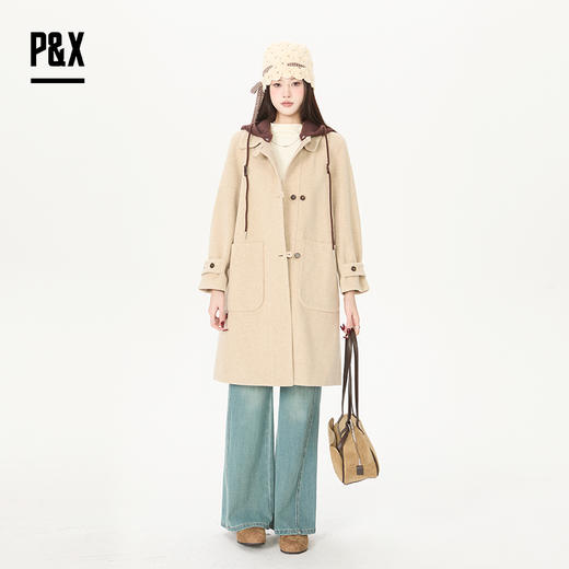 P&X设计师女装通勤宽松大衣连帽针织中长款外套 826113194 卡其 商品图0