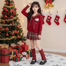 女童红色毛衣新款女大童海军领披肩上衣儿童洋气学院风新年服