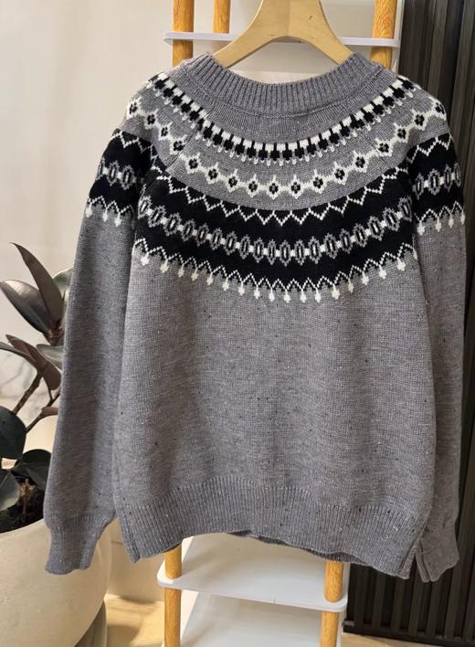 F020549复古氛围感浅灰色费尔岛提花针织开衫 商品图9