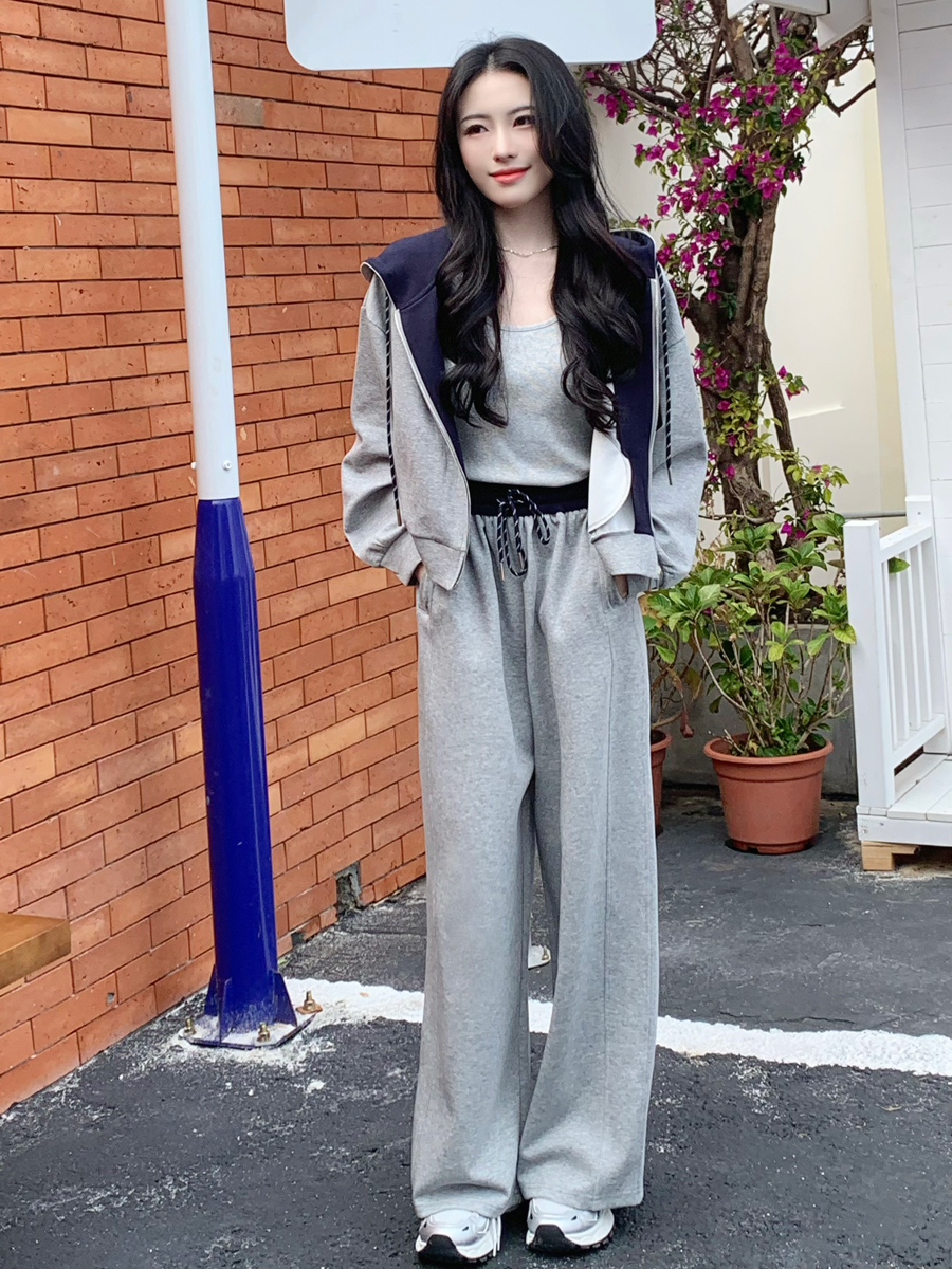 【百图lulu定制】【一套299元】【微风三件套】拼色 夹克 外套 休闲裤 吊带 外套 裤子三件套