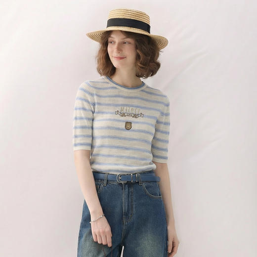 谜底套头针织衫短袖2026春季新品学院风条纹短款上衣女265MZ5029 商品图0