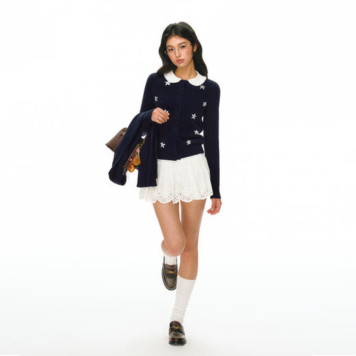Ariseism 美式复古藏青色小雏菊针织开衫女春季新款修身上衣 商品图3