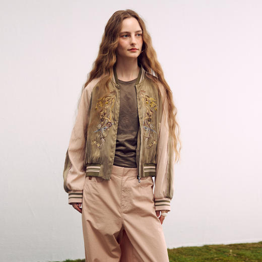 谜底大廓形外套长袖2026年春季新品拼色复古绣花夹克女261MW0063 商品图0
