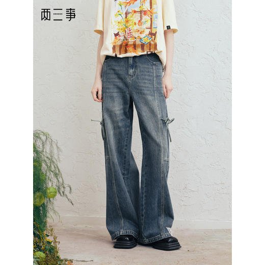 两三事星尘漫步2026春季新款复古绑带蝴蝶结蕾丝章仔阔腿牛仔裤女 商品图0