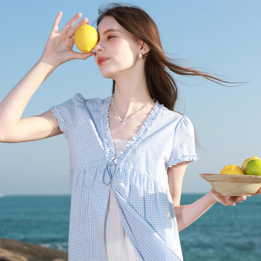 【100棉】三彩2026春季新款假两件V领格子小衫衬衣宽松娃娃衫M 商品图1